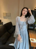 Elegant Square Neck Chiffon Dress for Women 2023 Summer Evening Party Long Sleeve Female Dress Casual Fashion Midi
