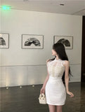 Spicy Girl Lace Stitching Dress Women Summer White Temperament Waist Sleeveless Wrap Hip Short Dress Fashion Lady