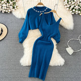 Zingj Temperament Round Neck Nail Bead High Waist Short Show Navel Sweater Two Sets Of Knit Vest Dress Female