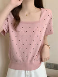 Zingj New Summer Printing Wave Point College Style Ice Silk T-Shirt Square Collar Short-Sleeved Sweater T-Shirt