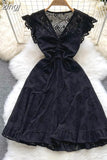 Women Hollow Out Drawstring Dress Sexy V-Neck Sleeveless High Waist A-Line Ruffle Hem Draped Vestidos
