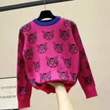Quality Runway Designer Cat Print Knitted Sweaters Pullovers Women Autumn Winter Long Sleeve Harajuku Sweet
