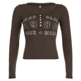 Zingj Spice Girl Letter Print Breasted V-Neck T-Shirt Women's New Slim Knit Bottom Long-Sleeved
