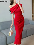 Off Shoulder Evening Party Dresses Women Summer Fashion Slim One Piece Solid Vestidos Korean Graduation Robe
