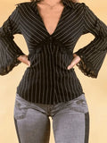 Lace Paneled Long Sleeve Striped Blouse- Outfit