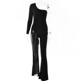 Patchwork Diamond Crystal Bodycon Jumpsuits Women One Shoulder Sexy Long Sleeve Flare Jumpsuit Clothes Streetwear