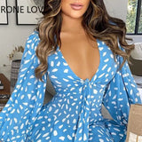 Women Chic Deep V Neck Lantern Sleeves Cascading Ruffles All Over Print Sexy A-line Beach Vacation Mini
