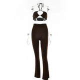Casual Backless Two Pieces Sets Women Sexy Halter Hollow Out Top Long Flare Pant Suit Party Outfits Strapless