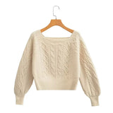 New Square Collar Long-Sleeved Twist Textured Short Sweater In