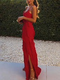 Vintage Halter Backless Slit Ruffle Maxi