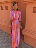 Pink Striped Printed Hollow Out Dress For Women Fashion Short Sleeve Backless Maxi Vestidos Female Chic Party Long