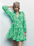 Mini Dress Women 2022 Summer Long Sleeve Elegant Pleated Beach Vestido With Sashes Floral Print Sexy Boho Dresses