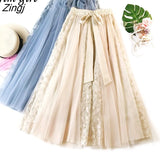 Tulle Pleated Skirt Women Sweet Korean Bow Lace Up Long Skirt Female Spring A-Line Elastic High Waist Skirt Faldas