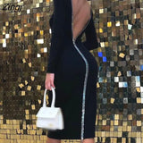 Diamond Decorative Backless Dress Women Long Sleeve Slash Neck Autumn Winter Sexy Slim Midi Dress Elegant