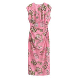 Spring Round-Collar Sleeveless Print Hollowed-Out Dress