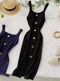 Summer Pink/Red/White/Black Women Knitted Dress Vintage High Waist Button Single-breasted Slim Casual Dress For Female
