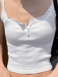 Lace Trim Button-Up Ribbed Crop Cami Top- Outfit
