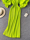 Round Neck Flare Short Sleeve Pleated Long Dress Vintage High Waist Ruffles Female Vestidos New Fashion Robe Mujer