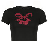And Lovely Cherry Bow Printed Round Collar Basic T-Shirt Girls Wear A New Style Of Simple Blouse In