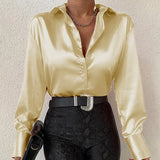 Satin Long Sleeve Blouses Women 2023 Autumn Vintage Blue Green Silk Shirt Women Casual Loose Button Up Street