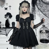 Cross Print Strap Shoulder Lace Spliced Dress Dark Sexy Slim Princess