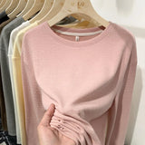And Autumn 2023 New Waffle Long-Sleeved T-Shirt Women's Solid Color Design Feel Minority Loose Bottomed Shirt