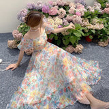 Zingj Organza A Word Shoulder Bubble Sleeve Broken Flower Condole Belt Dress Spring And Summer New Big Place Long