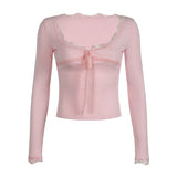 Girl Feeling Lace Tie Long-Sleeved Blouse Summer New Slim And Thin Spliced Bow Square Collar