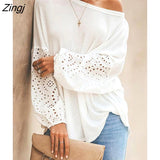 PETAL Loose Round Neck Top For Woman White Casual Cut Out Long Sleeve T-shirt 2023 Spring Autumn Tee Shirts