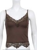 Basic Bodycon Women Camis Grunge Punk Black Casual Lace Trim Crop Tops Ribbed Backless Alt Clothes