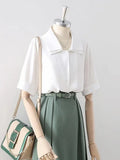 Design Double Turn Down Collar Women White Shirts Short Sleeve Summer Button Up OL Shirts Korean Casual Chiffon Female