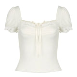 Fresh Romantic Pure Color Square Collar Bubble Sleeve Girl T-Shirt Ins Trend Slim Casual Blouse New