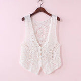 Knitted Vests Women Deep V-neck Slim Single Breasted Hollow Out Sleeveless Outwear Hook Flower Vintage Waistcoats