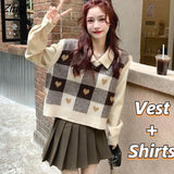 Pieces Sets Women Spring Autumn Korean Plaid Vest Knitted Sweater Sweet Girls Casual Shirts Elegant V-neck College Vintage