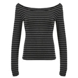 Striped Shoulder Long-Sleeved Blouse With A Lazy Wind And A Light Smock To Cover The Meat Shows A Thin