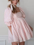 Square Neck Pleated A-Line Dress Spring Summer Short Sleeve Loose Floral Print Dress Women Elegant Puff Sleeve Party Dress 211-1-Outfit