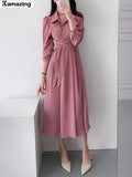 Autumn Women Casual Elegant Lace-up Shirt Dress Female Fashion A-Line Midi Dress Office Lady