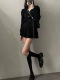Ins Fashion Autumn Winter Women's Knitted Suits Solid Single Breasted Long Sleeve Sweater+High Waisted Mini Pleated