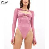 Diamonds Cut Out Ruched Bodysuit Women Shirring Long Sleeve Solid Folds Romper Slim Sexy Bottoming Top Bodys