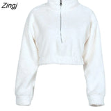 Women Casual Loose Winter Crop Tops Solid Color Fully Stand-Neck Long Sleeve Zip-Up Pullover Sweatshirt for Girls