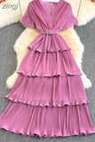 Beach Long Dress Women Elegant V-Neck Short Sleeve Cascading Ruffles Big Swing Vestidos Female Red/Green/Pink Maxi