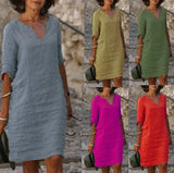 Cotton Linen Small V-neck Stitching Retro Basic Model Solid Color Three-quarter Sleeve