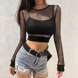Chic Black Mesh Fishnet Top See Through Long Sleeve T Shirt Women Clothes 2023 Casual Cropped Women's T-shirts