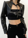 SUCHCUTE Gothic Bandage Leather Jacket Women Winter Punk Style Streetwear Crop Cost Dark Academic Long Sleeve Slim Black