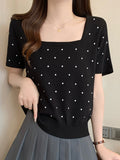 Zingj New Summer Printing Wave Point College Style Ice Silk T-Shirt Square Collar Short-Sleeved Sweater T-Shirt