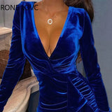 Women Solid Elegant Deep V Neck Long Sleeves Ruffle Hem Mini Flannel Party Sexy