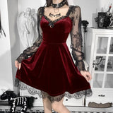 Dark Dress Lace Stitching Shows Chest Long-Sleeved Lotus Leaf Edge Waist Shows Thin Casual