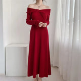 Zingj Hepburn Style Advanced Sexy Shoulder Black Long-Sleeved Knitted Dress Women's Autumn Temperament Slim