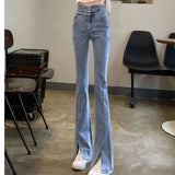 Zingj Waist Jeans Female Spring And Autumn New Slim Slim Straight Wide Leg Open Slit Micro Bell Pants-Outfit