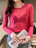 Korean Fashion Mesh T-shirts Women Vintage Transparent Tops for Women Loose White Transparent Office Lady